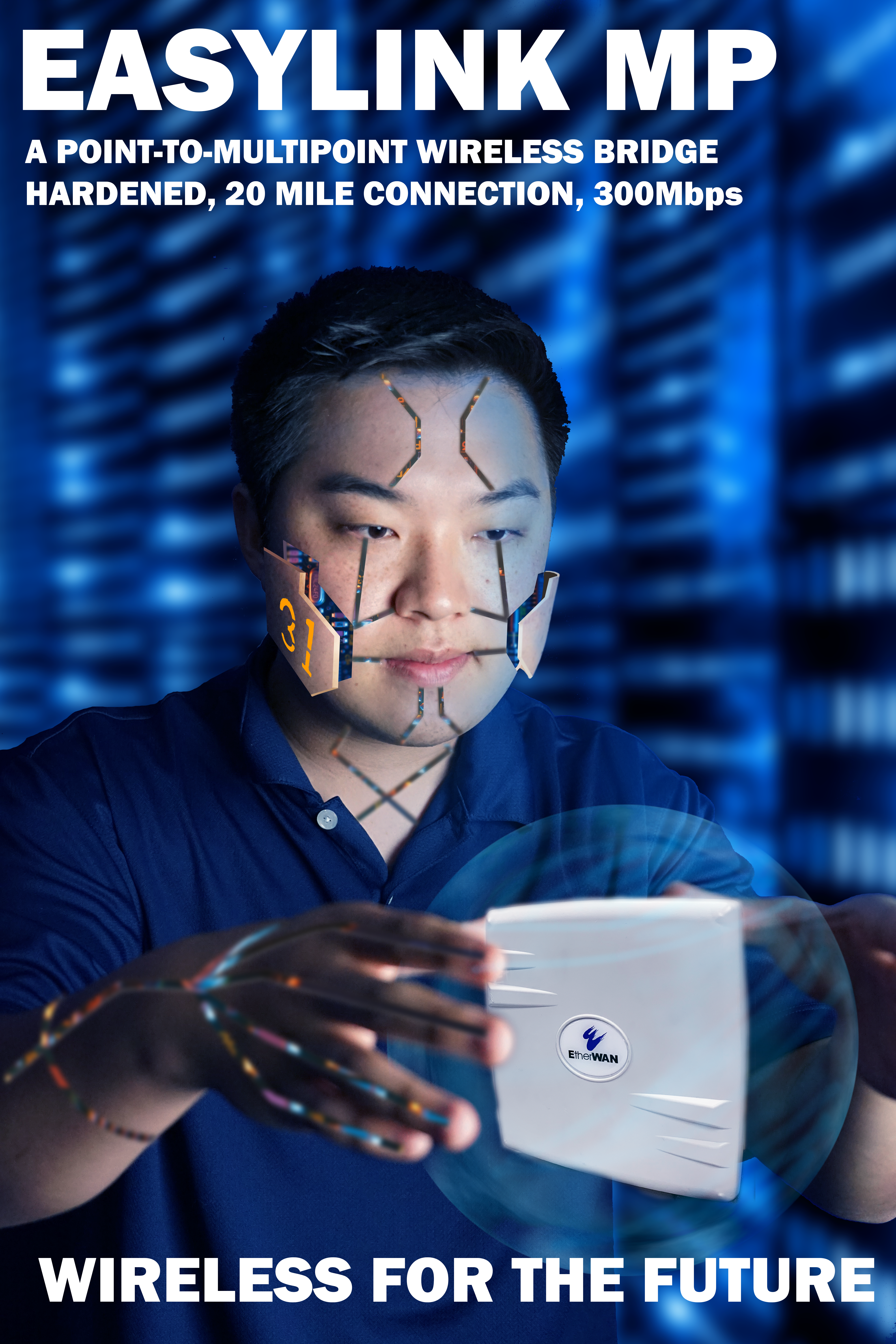 Cyborg man holding wireless bridge